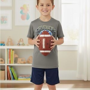 Gray Champs Graphic T-Shirt and Navy Shorts Set